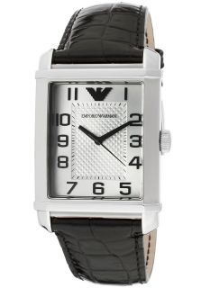 Emporio Armani AR0486  Watches,Mens Silver Dial Black Genuine Leather, Casual Emporio Armani Quartz Watches