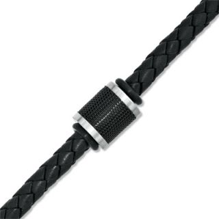 Mens Black Braided Leather and Stainless Steel Bead Bracelet   8.75