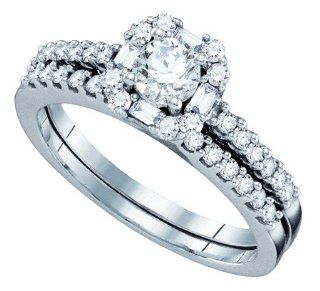 0.75 Carat (ctw) 14K White Gold Round & Baguette Diamond Ladies Bridal Engagement Ring Matching Band Set With 0.30 CT Round Center 3/4 CT: Jewelry