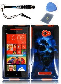 IMAGITOUCH(TM) 4 Item Combo For HTC Windows Phone 8X HTC 6990 HTC Zenith(AT & T, T Mobile, Verizon) Snap On Hard Shell Case Cover Phone Protector Faceplate   Blue Skull (Stylus Pen, ESD Shield Bag, Pry Tool, Phone Cover): Cell Phones & Accessories