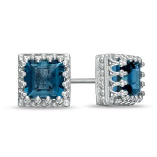 0mm Princess Cut London Blue Topaz Crown Earrings in Sterling Silver