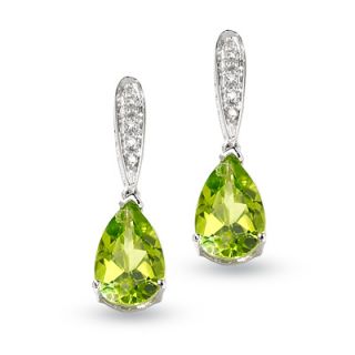 Pear Shaped Peridot Earrings in 10K White Gold with Diamond Accents