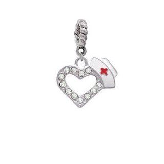 Small Swarovski Crystal Heart with Nurse Hat Silver Plated European Charm Dan: Bead Charms: Jewelry