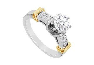 Round and Princess Cut Cubic Zirconia Engagement Ring in 14K Two Tone gold 1.00 CT TGW: LOVEBRIGHT: Jewelry