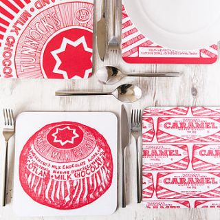 tunnock's teacake and caramel wafer placemats by gillian kyle