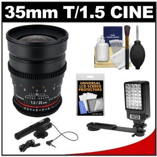 Rokinon 35mm T/1.5 Cine Wide Angle Lens with 2 Year Ext. Warranty + Filter + LED Video Light + Microphone Kit for Canon Rebel SL1, T3, T3i, T4i, T5, T5i, EOS 70D, 6D, 7D, 1D 5D Mark II III Cameras  Camera And Camcorder Lens Bundles  Camera & Photo