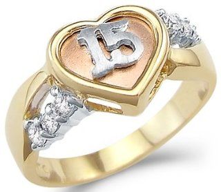 Solid 14k Yellow Gold 15 Birthday Quinceanera Heart CZ Cubic Zirconia Ring: Jewelry