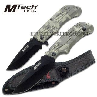 MT 566DC. 2pc M Tech Combat Knife & Folder Combo Set Green Camo M Tech Combat Dagger & Folder Combo Set Consists of a 8.25" overall fixed blade combat knife and matching 4 1/2" closed tactical rescue knife. Fix Blade is half Serrated blad