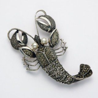 Large Sterling Silver Marcasite Lobster Pin w/Curled Tail & Fresh Water Pearl Eyes: Jewelry