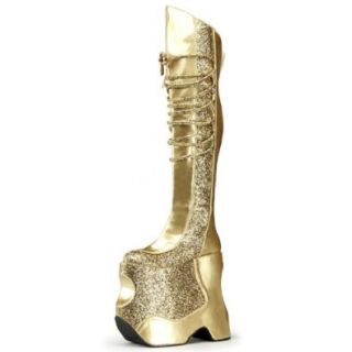 MENS SIZING Gold Crinkle Glitter Patent Thigh High Platform Boots 8.75'' Heel: Shoes