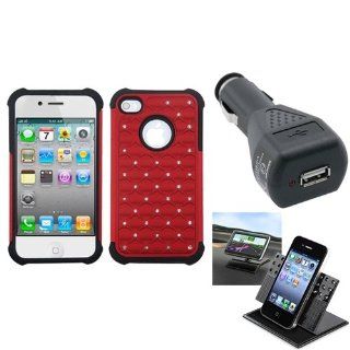 eForCity Car Charger + Holder + Red/Black Lattice Dazzling Total Defense Case compatible with iPhone® 4 4S: Cell Phones & Accessories