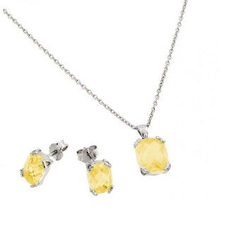 Rhodium Plated 925 Sterling Silver Prong Set November Birthstone Citrine Faceted Cubic Zirconia CZ Earring and Necklace Set: Forever Flawless Jewelry: Jewelry