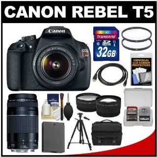 Canon EOS Rebel T5 Digital SLR Camera Body & EF S 18 55mm IS II with 75 300mm III Lens + 32GB Card + Case + Battery + Tripod + Kit : Camera & Photo
