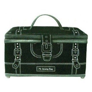 Sewing Basket Sewing Box Black Twill With White Luggage Print 11.125" X 6.25" X 5.75" (28.2575cm x 15.875cm x 14.605cm) with Handle and Feet