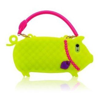 I Need 3D Super Adorable Fluorescent Yellow Pig Design Hot Pink Hand Strap Handbag Soft Silicone Case Cover Compatiable for Apple Iphone 5 red Cell Phones & Accessories