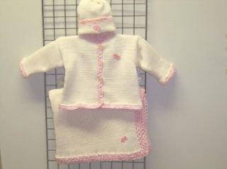 Ck605ipbk, Knitted on Hand Knitting Machine Then Finished By Hand Crochet Infant Girls Outfit, Containing Ivory Cotton Crocheted Pink Chenille Trim Cardigan Sweater, Hat Set and Matching Blanket with Pink Heart Applique.: Infant And Toddler Sweaters: Cloth