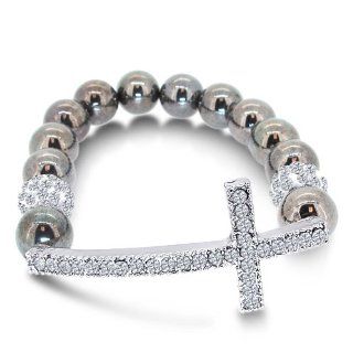 Swarovski Inspired Shamballa Bracelet with CZ Paved Sideways Cross with Grey Color Beads Jewelry