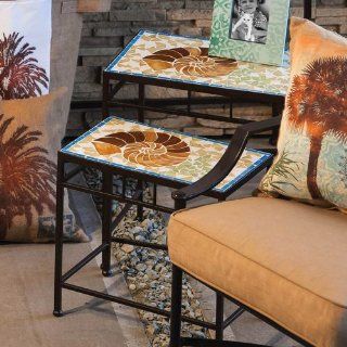 Outdoor Seashell Mosaic Glass and Metal Nested Table Set   End Tables