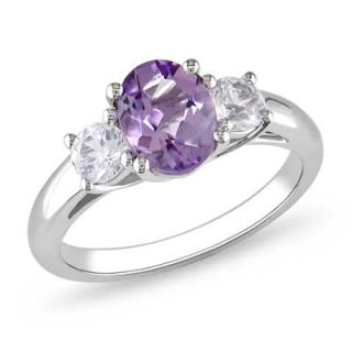 Oval Amethyst and Lab Created White Sapphire Three Stone Ring in