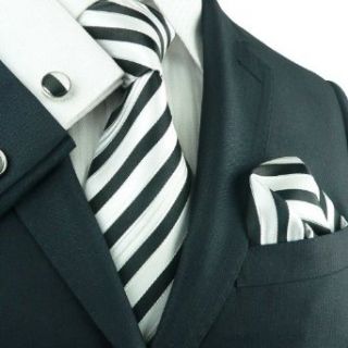 LANDISUN 639 STRIPE BLAKC WHITE SET:TIE+HANKY+CUFFLINK at  Mens Clothing store: Neckties