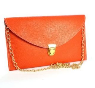 amtonseeshop Fashion Womens Golden Chain Envelope Purse Clutch Synthetic Leather Handbag (Orange): Clothing