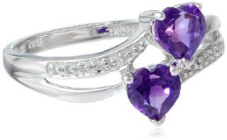 10k White Gold Double Heart Shaped Amethyst with Diamond Heart Ring, Size 5: Jewelry