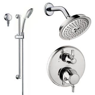 Hansgrohe HG T203 Chrome C C Shower Faucet with Thermostatic Trim, Volume Control & Diverter Trim, Metal Lever Handles, 24" Wall Bar, Shower Arm, Multi Function Shower Head and Multi Function Hand Shower Less Valve HG T203   Shower Arms And Slide 
