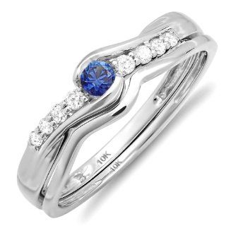 0.25 Carat (ctw) 10k White Gold Round Blue Sapphire And White Diamond Ladies Bridal Promise Engagement Wedding Set Ring with Matching Band 1/4 CT: Jewelry