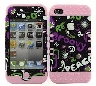 For Apple Iphone 4 4s Retro Groovy Peace Heavy Duty Case + Light Pink Rubber Skin Accessories Cell Phones & Accessories