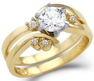 Solid 14k Yellow Gold Engagement Wedding Set CZ Cubic Zirconia Ring Band Round Cut 0.75 ct: The Rings Of Wedding For Women Sets Yellow Diamond: Jewelry