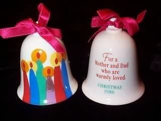 Mother and Dad porcelain bell 1986 hallmark ornament   Christmas Bell Ornaments