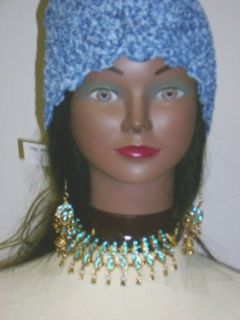 Turquoise Color Stone Antique Gold Necklace Crocheted Denim Chenille Skullcap: Skull Caps: Clothing