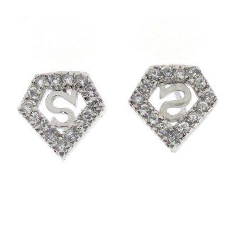 .925 Sterling Silver CZ Crystal Superman Hero Logo Stud Earrings: Jewelry