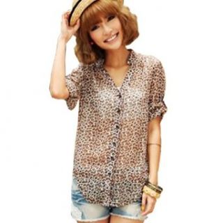 Zcargel Chiffon Women Casual Wild Leopard Shirt Blouse Roll up Shirt at  Womens Clothing store: