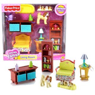 Fisher Price Year 2006 Loving Family Dollhouse Deluxe Decor Furniture Accessory Set   LIVING ROOM (K5318) with Sofa Chair, Toy Storage with 2 Drawers, Coffee Table with Lamp, Book Shelf, Cocker Spaniel Dog with Puppies and Dog Bed (Dollhouse Sold Separatel