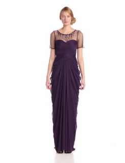 Adrianna Papell Women's Short Sleeve Necklace Draped Gown, Aubergine, 6