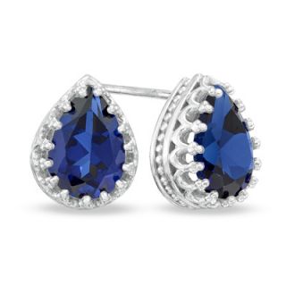 Pear Shaped Lab Created Blue Sapphire Crown Earrings in Sterling