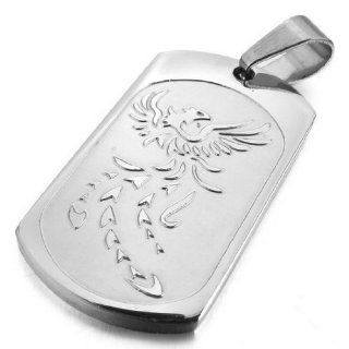 JBlue Jewelry Men's Stainless Steel Pendant Necklace Silver Phoenix Bird Firebird Dog Tag Biker with 23 inch Chain (with Gift Bag): Mens Silver Charms: Jewelry