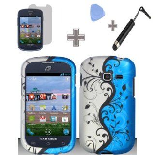Rubberized Blue Black Silver Vine Flower Snap on Design Case Hard Case Skin Cover Faceplate with Screen Protector, Case Opener and Stylus Pen for Samsung Galaxy Discover S730g / Galaxy Centura S738c   StraightTalk/ Net 10/ Tracfone: Cell Phones & Acces