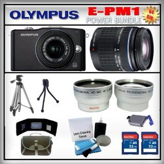 Olympus PEN E PM1 Black 12MP Digital Camera   Olympus 14 42mm Lens   Olympus 40 150mm Lens   Wide Angle and Telephoto Zoom Lens   2x 32GB SDHC Memory Card   USB Memory Card Reader   Memory Card Wallet   Carrying Case   Lens Cleaning Kit   Full Size and Min