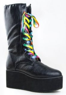 Y.R.U YRU Shoes BLOQ SKY HI Rainbow Lace Up High Platform Flatform Knee High Boot: Shoes