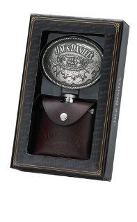 Jack Daniel's 4 Ounce Leather Covered Flask/Oval Buckle Gift Set: Alcohol And Spirits Flasks: Kitchen & Dining