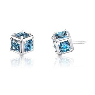 2.00 Carats Princess Cut London Blue Topaz Earrings in Sterling Silver Rhodium Nickel Finish: Stud Earrings: Jewelry