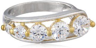18k Yellow Gold Plated Sterling Silver Two Tone Simulated Diamond Journey Ring, Size 7 Jewelry