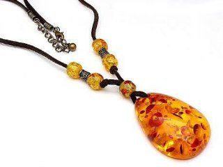 Hippie Style Bohemian 18" to 20" Suede Necklace with Huge Faux Amber Stone Pendant: Jewelry