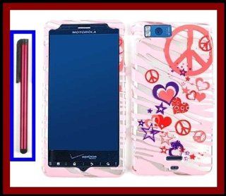 Case Cover for Motorola MB810 DROID X / MB870 DROID X2 Rubber Zebra Pink Heart and Peace Shape Design Snap on Case Cover Front/Back + Red Stylus Touch Screen Pen: Cell Phones & Accessories
