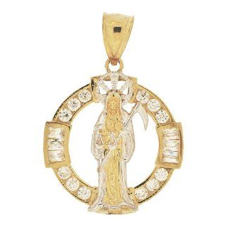 14k Yellow Gold White Rhodium, Death Grim Reaper Santa Muerte Pendant Charm Lab Created Gems: Muerte Jewelry: Jewelry