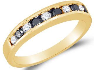 10K Yellow Gold Channel Set Round Brilliant Cut Black and White Diamond Ladies Womens Wedding Band OR Anniversary Ring (.53 cttw.) Jewelry