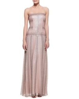 Womens Strapless Reptile Print Gown with Drop Waist, Pale Pink/Gray   Tadashi