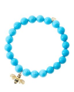 8mm Turquoise Beaded Bracelet with 14k Gold/Diamond Bee Charm (Made to Order)  